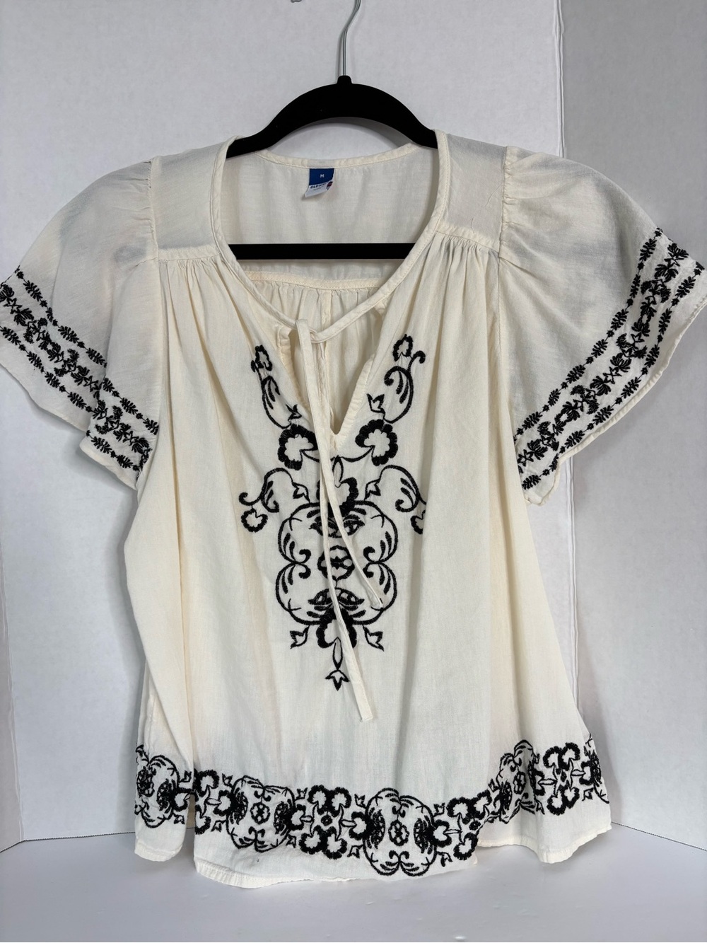 Old Navy Cream Peasant Blouse with Black Embroidery